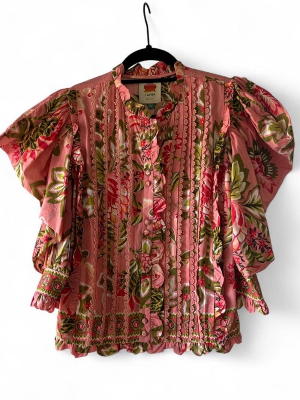 FARM Rio Aura Floral Ruffle Button-Front Blouse with Puff Sleeves